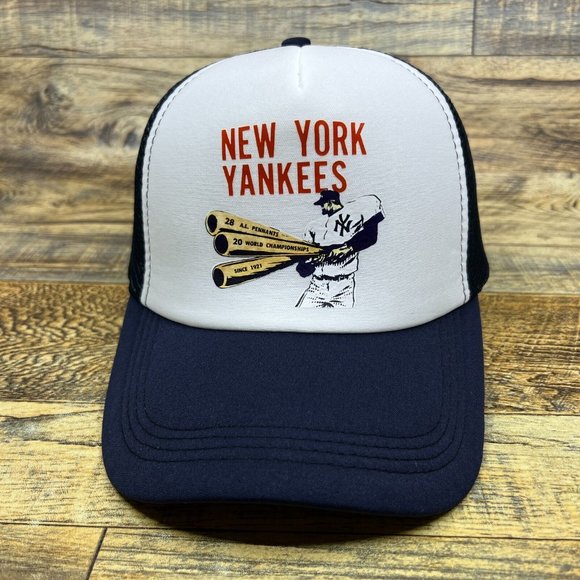 New York Yankees Mens Trucker Hat Navy Snapback World Champions Vintage Logo Cap - Picture 2 of 8